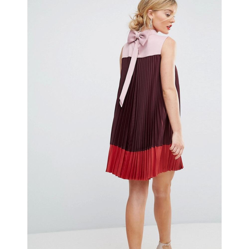 TED BAKER Trapeze Colorblock Dress Pleated Sleeveless SZ 2 Bow Pink Red Purple